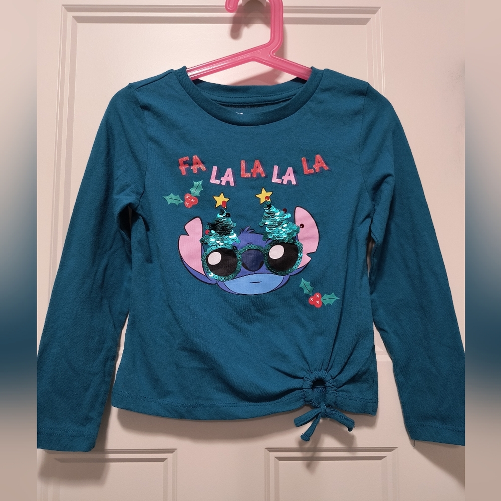 Disney Girls Stitch Teal Holiday Long Sleeve Shirt  4/5T